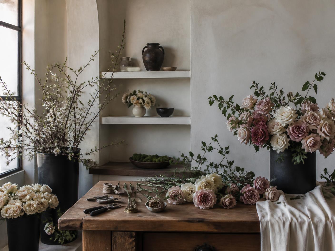Floral atelier worktable with roses, branches and tools in soft daylight