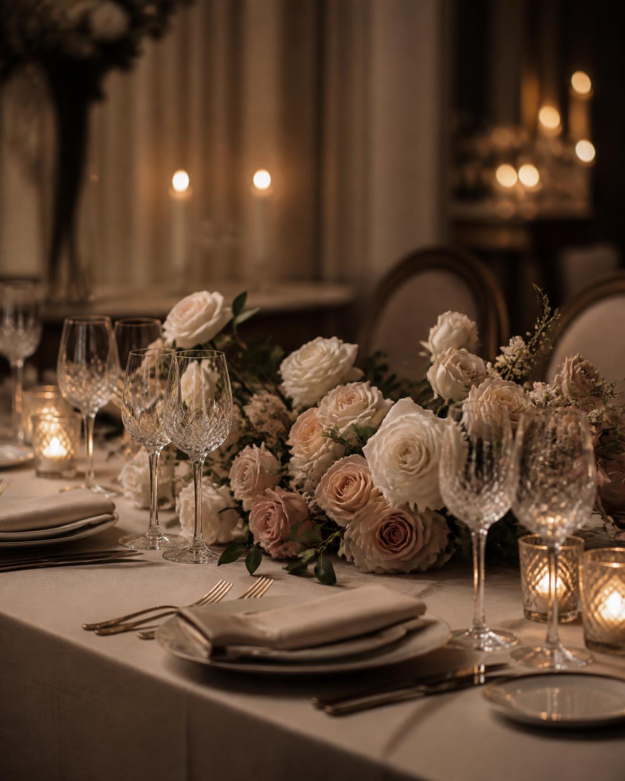 Low floral centrepiece of blush and ivory roses on a candlelit restaurant table