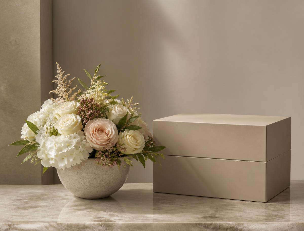Placeholder image of a floral posy beside an unbranded gift box