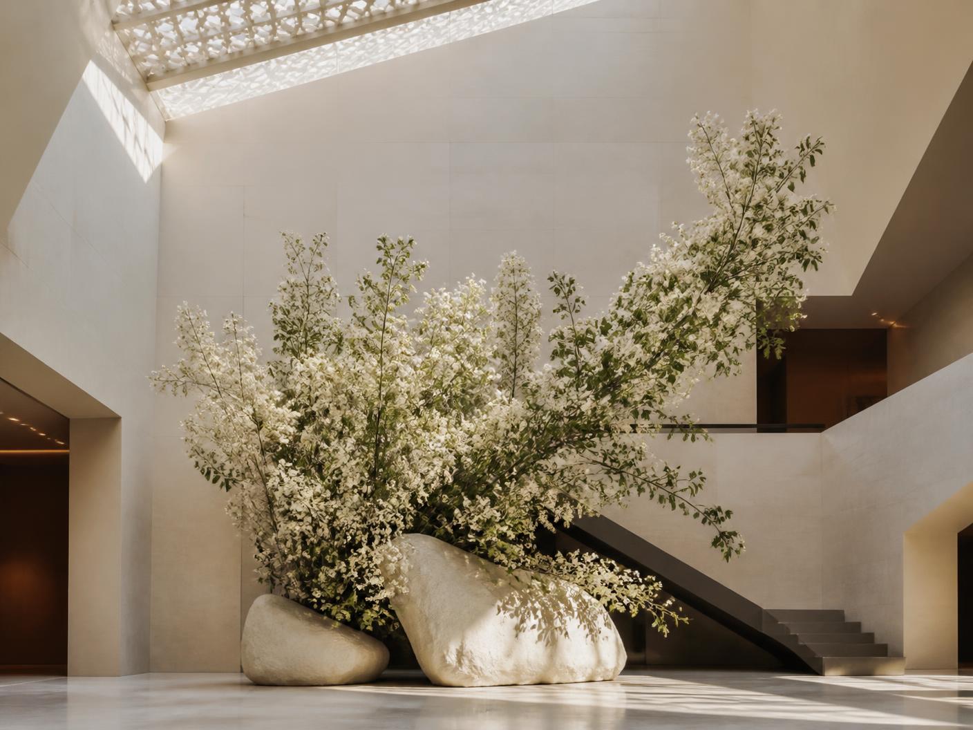 Placeholder image of a sculptural floral installation in a stone atrium